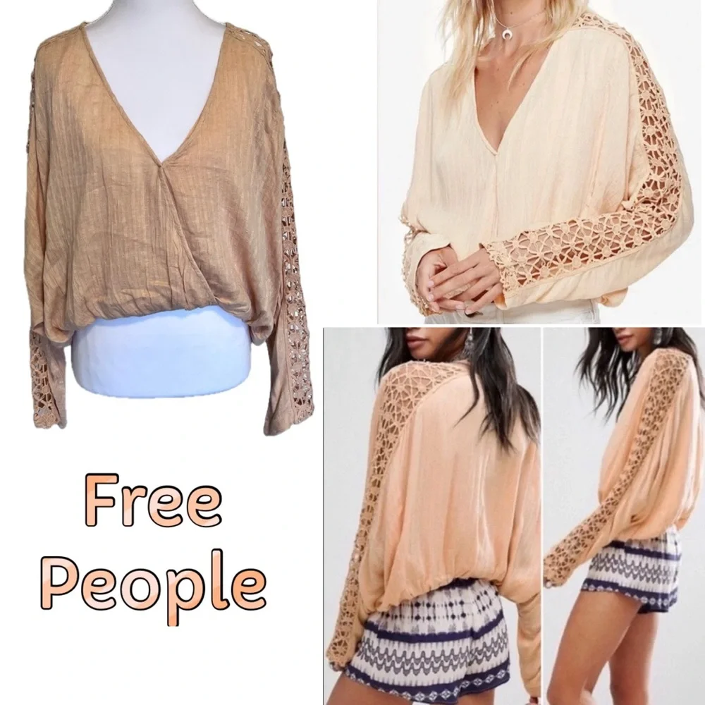 Free People NWT Runaway Peach Crochet Sleeve Blouse XS